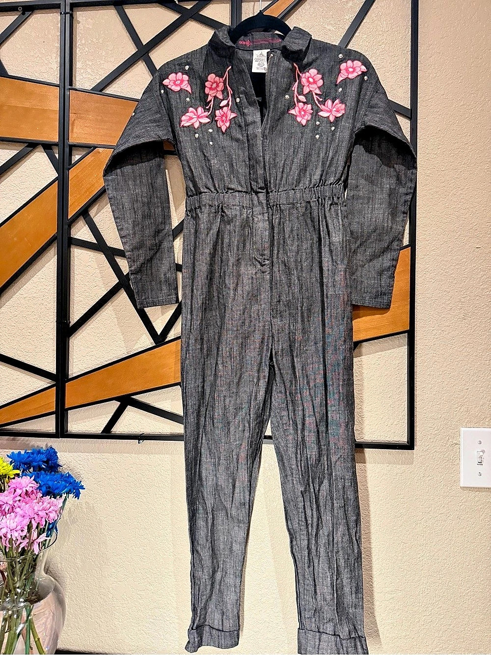 Disney Mulan Embroidered Floral Jumpsuit Romper Black & Pink Girls 9/10